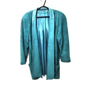 VTG Turquoise Leather Suede Coat Lindzon by Bellissimo Canada Open Front Boho